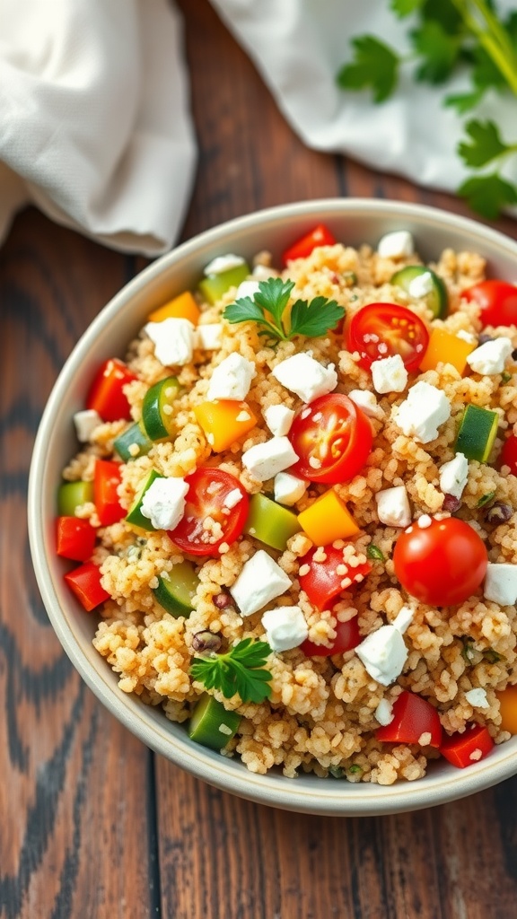 A colorful quinoa salad with vegetables and feta cheese in a rustic bowl on a wooden table.